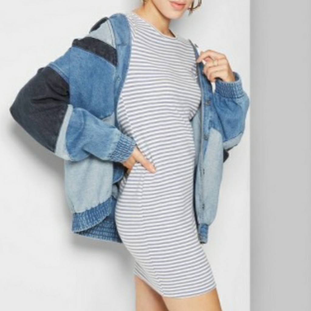 Wild Fable Gray White Stripe Print Stretchy Short Sleeve Bodycon Dress Large Nwt